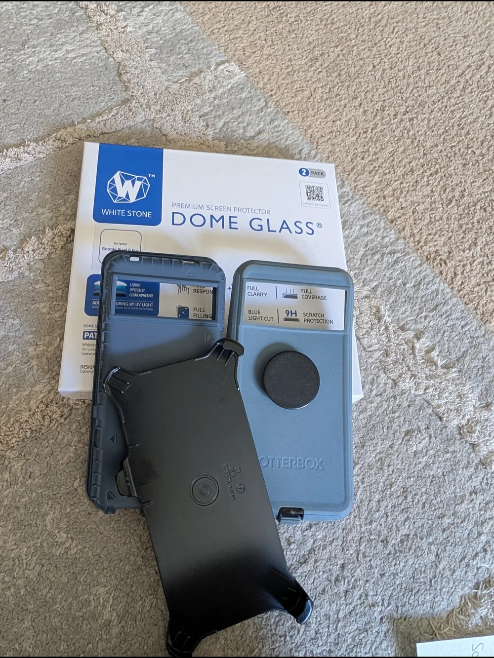Pixel 8 pro Wht Dome Glass Screen Protector (1) AND OtterBox Defender Pro Case